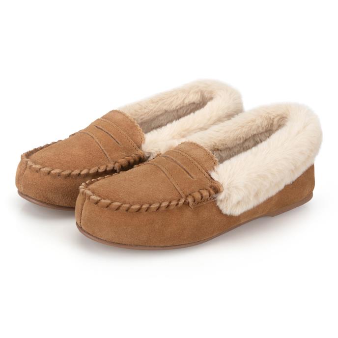 Isotoner® Ladies Fur Lined Suede Moccasin Slipper With Keeper Tab Tan Extra Image 1